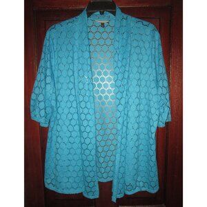 Allison Brittney Plus Sz 1X Open Cardigan Topper Jacket Loose Knit Teal Blue SS
